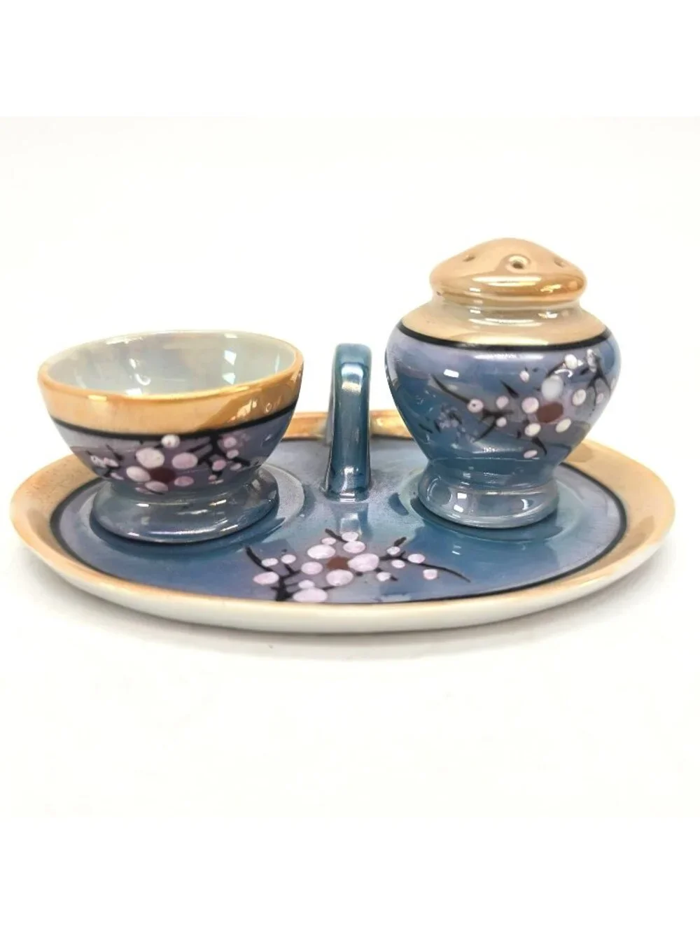 Vintage Lusterware Egg Coddler & Salt Shaker Set With Tray Blue Peach je160